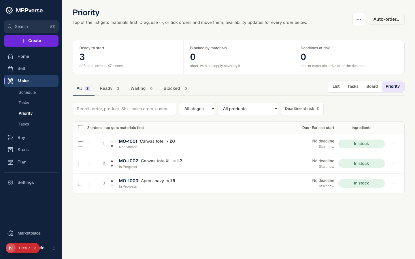 Screenshot: Set priority