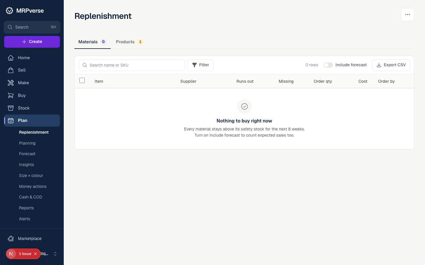 Screenshot: Open Plan → Replenishment