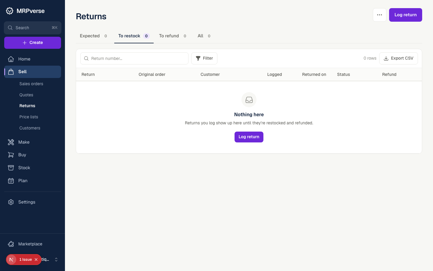 Screenshot: Create a return