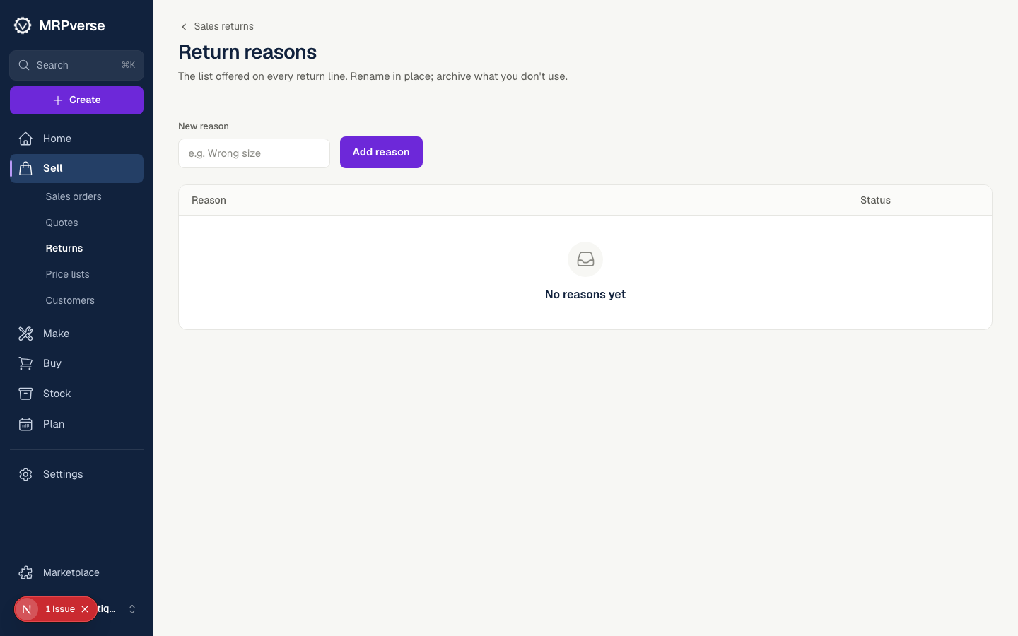 Screenshot: Return reasons
